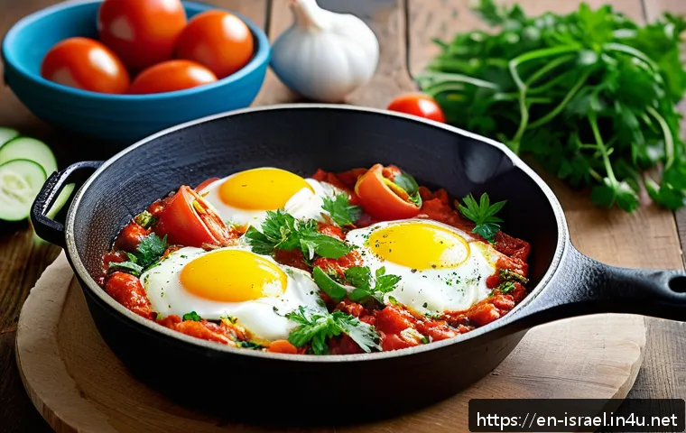 이스라엘의 주요 요리법과 조리 도구 - A vibrant, rustic Israeli kitchen scene showcasing a cast-iron skillet simmering shakshuka: rich, sl...