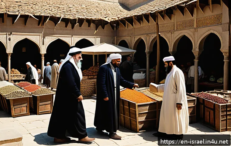 이스라엘 팔레스타인 역사 이해 - A detailed historical scene depicting a bustling Ottoman marketplace in Palestine circa late 19th ce...