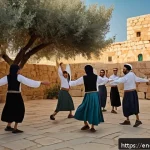 이스라엘의 전통 및 현대 무용 - A vibrant outdoor scene depicting a traditional Israeli Hora folk dance circle at sunset in a sunlit...