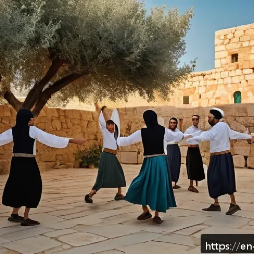 이스라엘의 전통 및 현대 무용 - A vibrant outdoor scene depicting a traditional Israeli Hora folk dance circle at sunset in a sunlit...