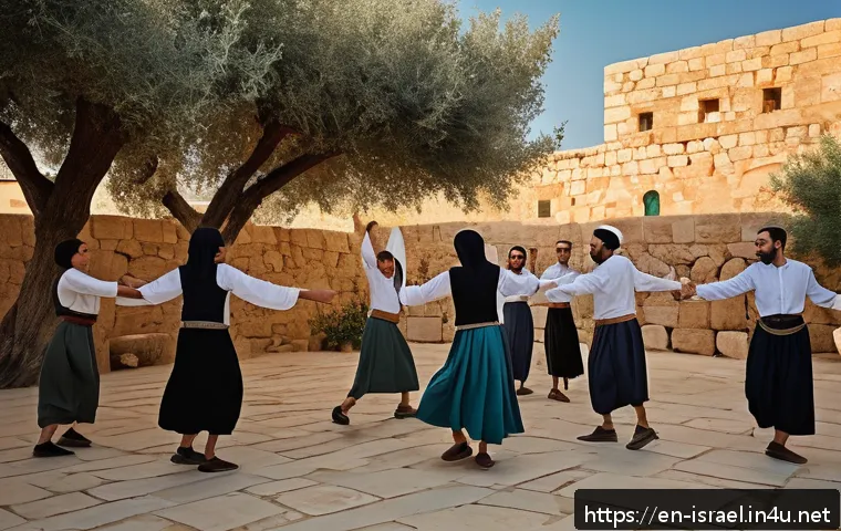 이스라엘의 전통 및 현대 무용 - A vibrant outdoor scene depicting a traditional Israeli Hora folk dance circle at sunset in a sunlit...