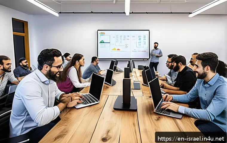 이스라엘 스타트업 생태계 - A vibrant Israeli tech startup workspace bustling with diverse young professionals collaborating int...