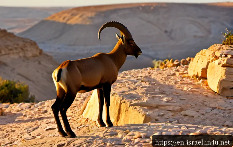 이스라엘 사막에서의 야생동물 - Photorealistic Nubian ibex standing on a sunlit sandstone ridge in Israel’s Negev Desert, full-body ...