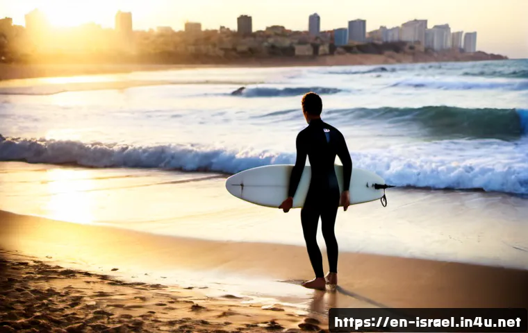 이스라엘의 서핑 명소 - Photorealistic sunrise surf scene at Tel Aviv’s Mediterranean shoreline, a single surfer in a modest...