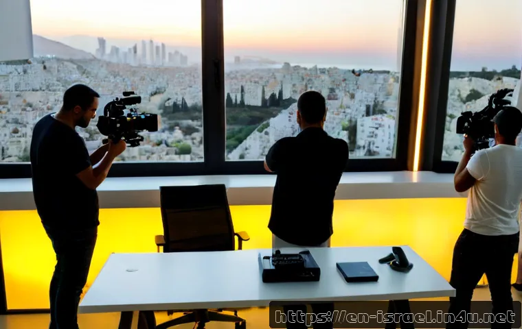 이스라엘의 미디어 산업 발전 - Photorealistic modern television production studio in Tel Aviv, Israel, diverse adult crew operating...