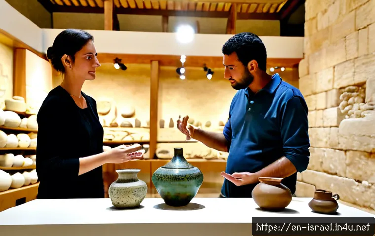 Home 17 이스라엘 주요 박물관 투어 - Photorealistic wide interior of a major Jerusalem archaeology museum, an English-speaking couple in ...