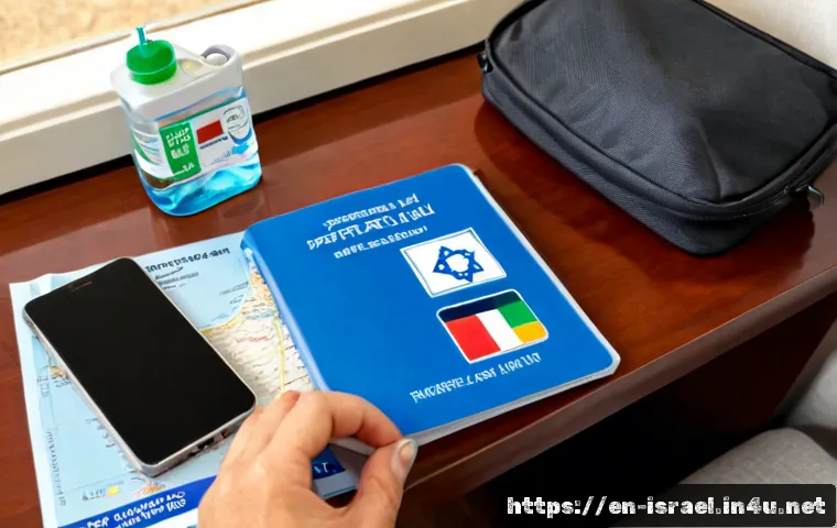 이스라엘 방문 전 여행자 주의사항 - Photorealistic travel-preparation scene for a visit to Israel, an adult traveler at a tidy home desk...