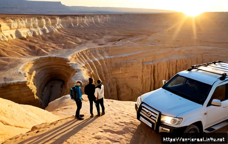 이스라엘 사막 투어 추천 - Photorealistic sunrise desert tour in the Negev Desert, Israel, a small group of diverse adult trave...