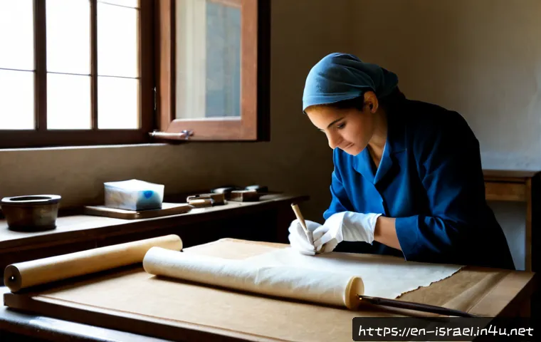 이스라엘의 역사적 문서 보존 프로젝트 - Photorealistic archival conservation laboratory in Jerusalem, a skilled conservator wearing white co...